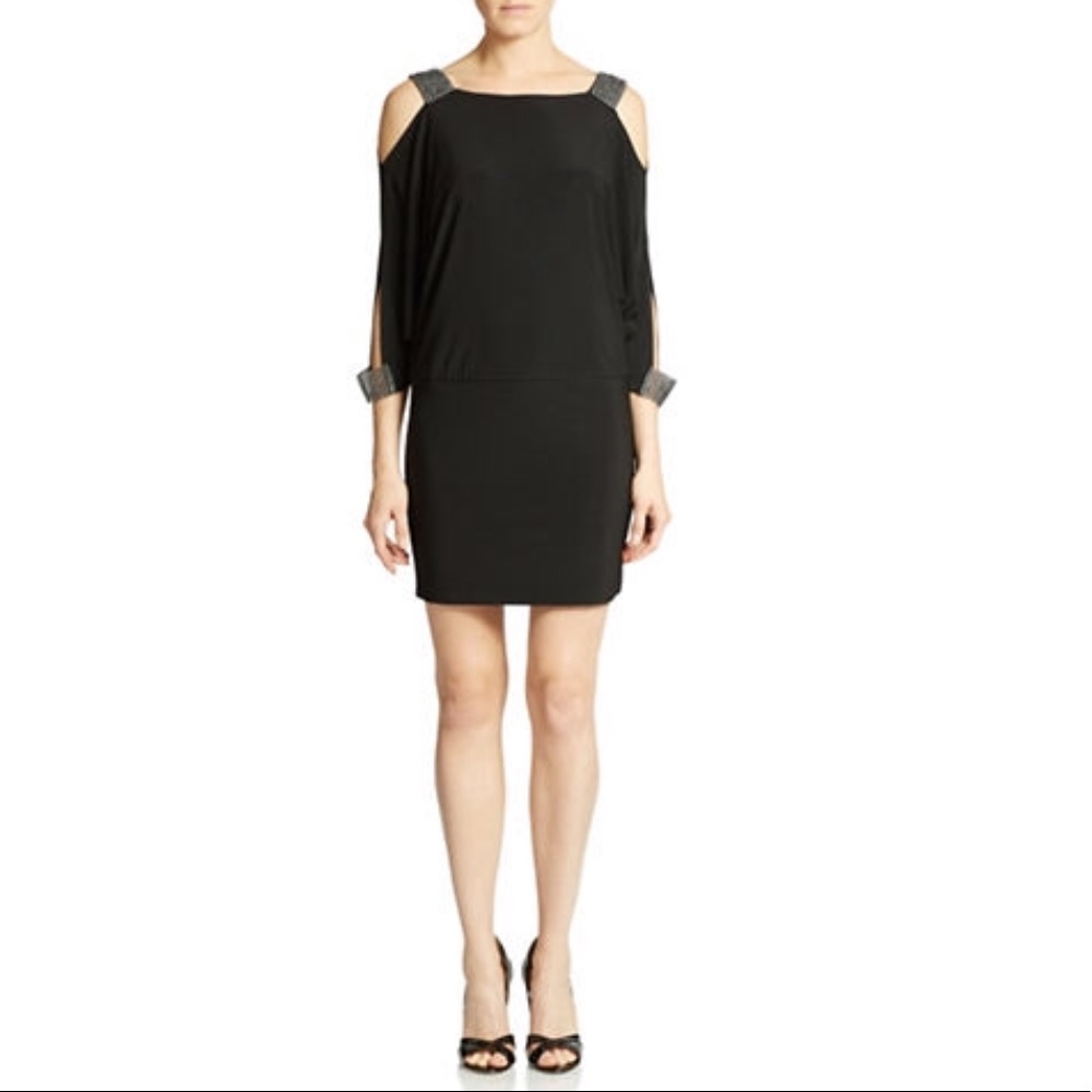Betsy Adam Embellished Cold Shoulder Blouson Dress